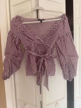 Express Burgundy and White Striped Wrap Blouse